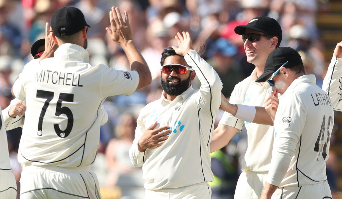 Ajaz Patel celebrates after taking the wicket